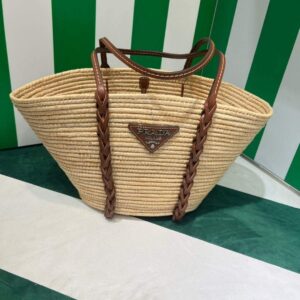 Replica Prada 1BG312 Straw and Leather Tote Apricot