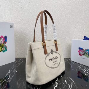 Replica Prada 1BG356 Small linen blend and leather tote Beige